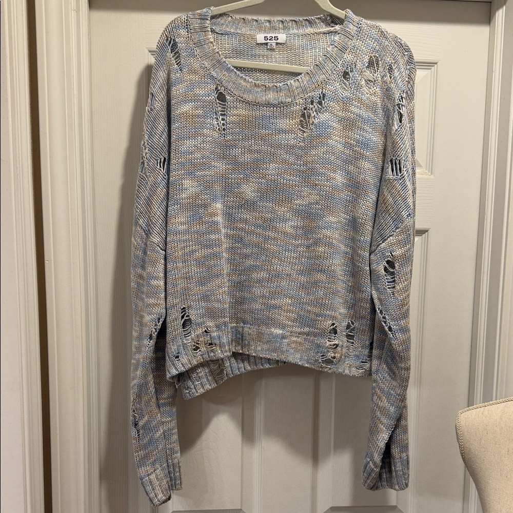 525 America Light Blue Beige and white Distressed Sweater